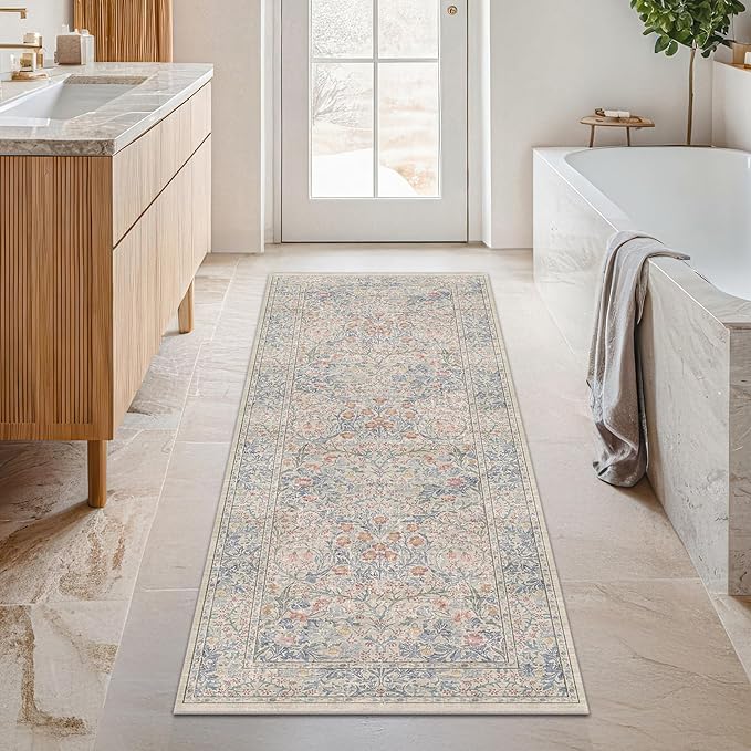 Washable Bathroom Runner Rug 2x5, Non Slip Runner for Laundry Room, Bathroom Sink Mat - Vintage Pastel Beige Blue Throw Rug, Ultra Soft Low Pile Stain Resistant