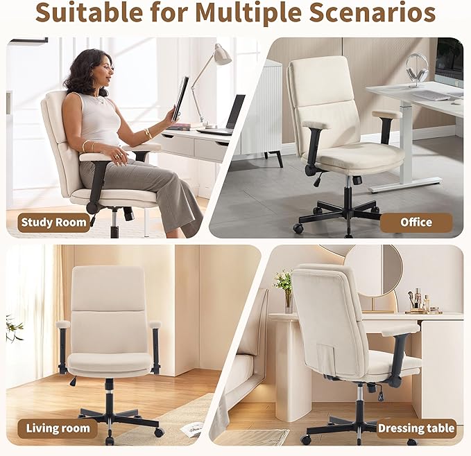 Office Chair Adjustable Desk Chair Mid Back Comfortable Linen Ergonomic Back Support Home Computer Chair with Padded 2D Flip-up Armrest Swivel Wheels (Beige)