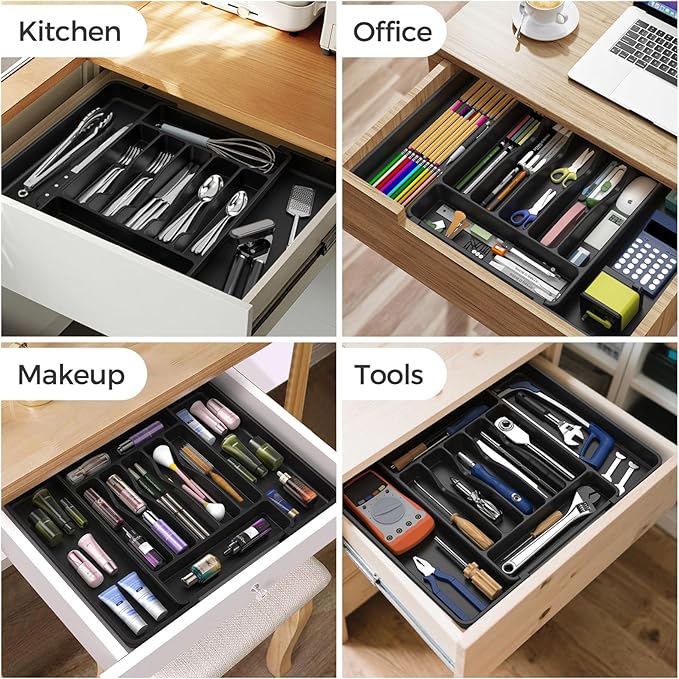Extra Large Expandable Silverware Organizer, BPA-Free Food-Safe Cutlery Flatware Organizer, Kitchen Utensil Drawer Organizer, Adjustable Silverware Holder for Spoons Forks Knives, Black
