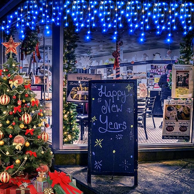 Hezbjiti Outdoor Christmas Lights, 400LED Ice Lights 33FT LED Fairy String Lights with 8 Modes and 75 Drops for Eaves, Party, Yard, Garden Decor(Bule)