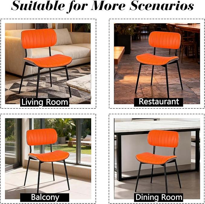 Modern PU Leather Dining Room Chairs Set of 6, Upholstered Kitchen Chairs with Walnut Bentwood Back and Metal Legs Adjustable Feet for Kitchen Dining Room(Orange)