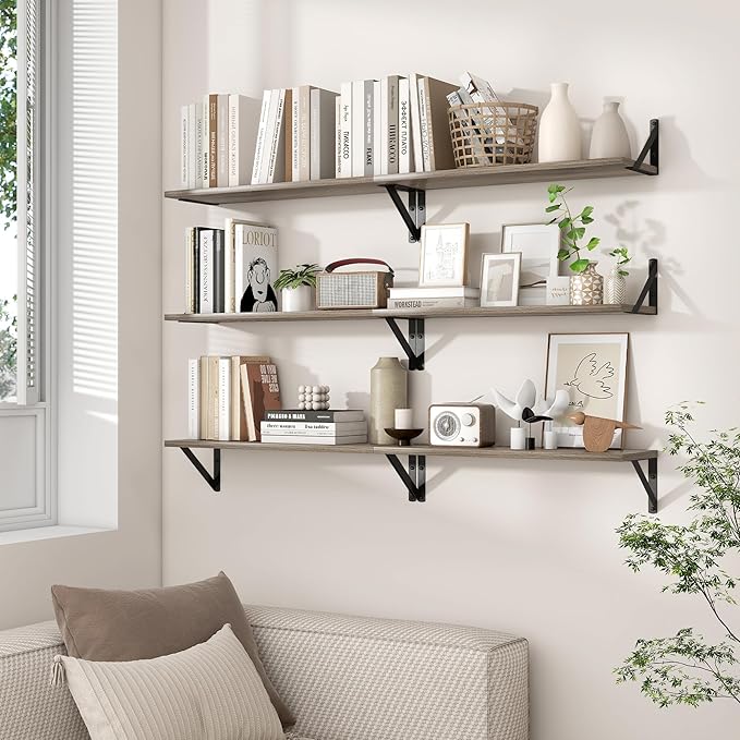 Axeman Floating Shelves for Wall 48 Inch | 47.3W x 8D Rustic Grey Wood Floating Shelves Set of 2 | 8" Deep Long Wall Shelves for Bathroom Kitchen Living Room | Bookshelf Display Shelves