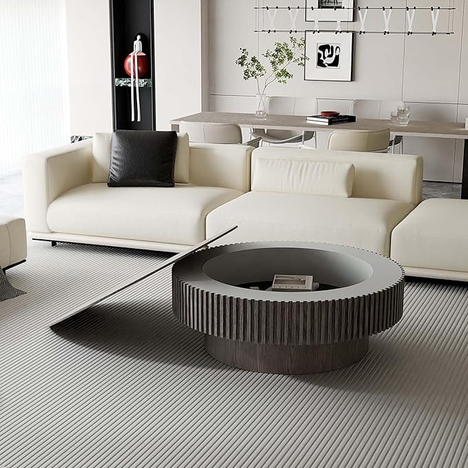 39'' Large Round Coffee Table with Storage, Fluted Coffee Table with Solid Wood Veneered, Mid Century Modern Wooden Center Table, Accent Tea Table for Living Room Apartment, Grey