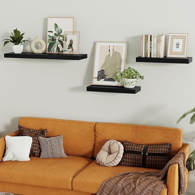 Vivelove Black Bathroom Shelves Over Toilet, 16" Floating Shelves, Wall Shelf for Bathroom Bedroom, Living Room, Kitchen, Office Home Decor, Narrow Shelves with Invisible Brackets Set of 2