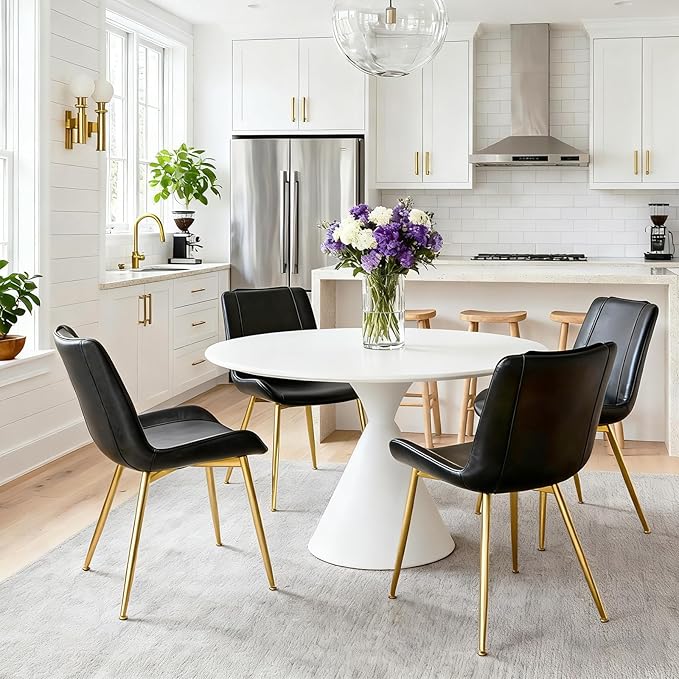 Brage Living Dining Chairs Set of 2, PU Leather Modern Armless Kitchen Dining Room Chairs, Upholstered Accent Side Chairs with Metal Legs (Black, Gold Legs)