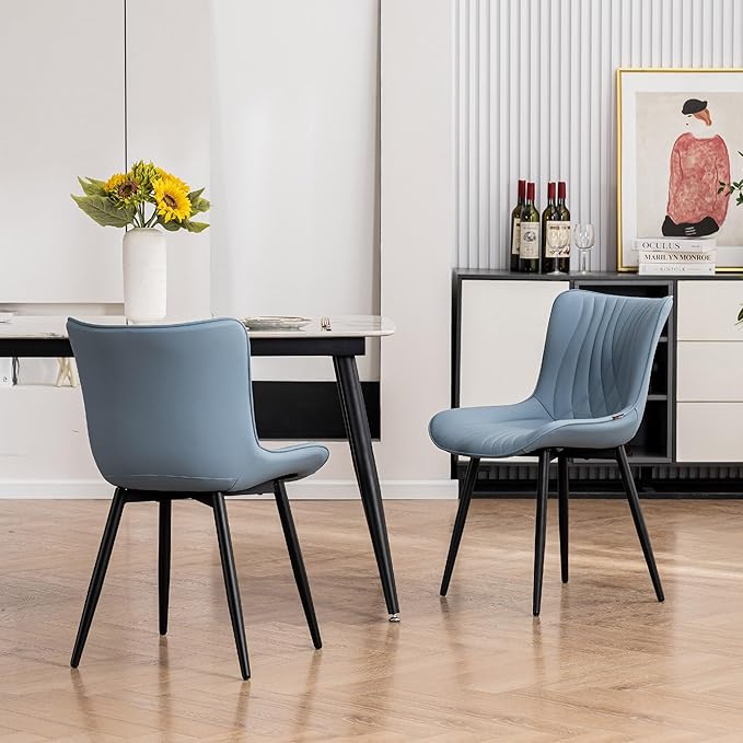 Kidol&Shellder Blue Dining Chairs Set of 2,Faux Leather Upholstered Mid Century Modern Kitchen&Dining Room Chair with Back,Ergonomic Armless Vanity&Living Room Chair with Metal Legs