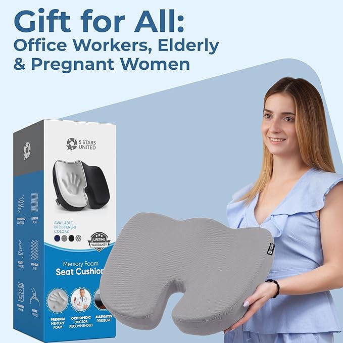 5 STARS UNITED Seat Cushion for Tailbone Pain Relief ā Memory Foam Cushion for Coccyx, Hip, Hemorrhoid, Sciatica & Post-Surgery Recovery ā Wheelchair, Car, Desk, Gaming & Office Chairs, L Gray