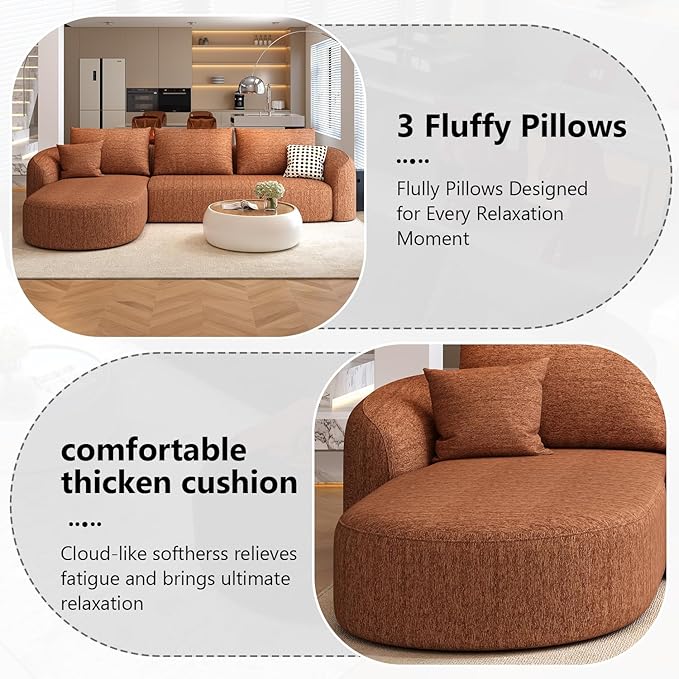 111" Modular Sectional Couches Luxury Modern Curved Back Sofa,Minimalist Comfy L-Shape Boneless Cloud Couch for Living Room Apartment,(Left Facing Chaise,Orange)