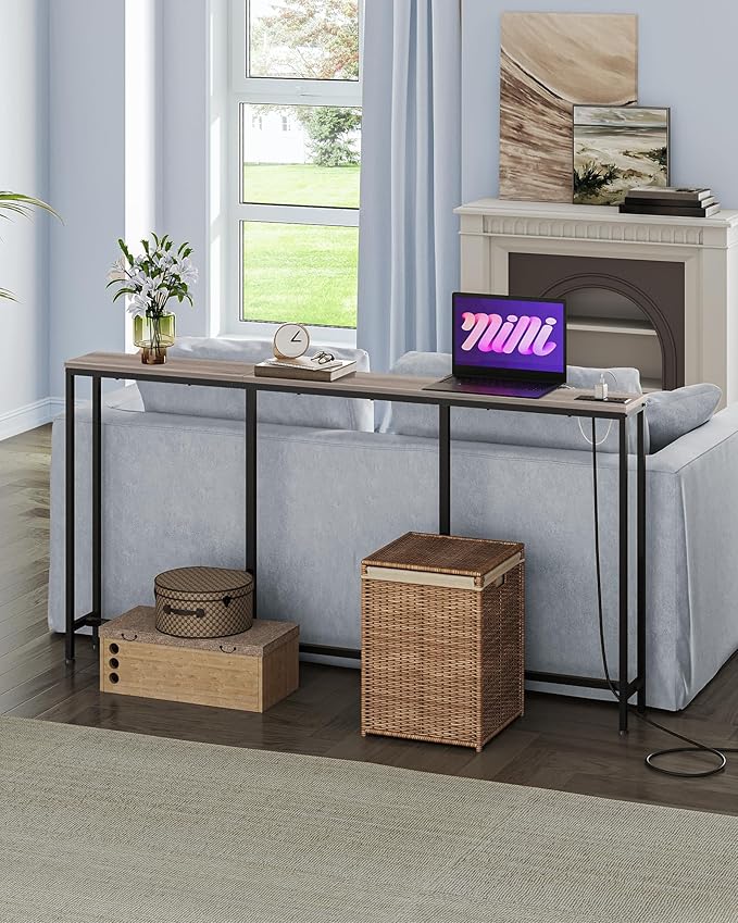 62.99" Narrow Console Table with Power Outlet 7.1" Skinny Sofa Table, Long Behind Couch with Charging Station for Hallway, Living Room Greige and Black TXG16UBG