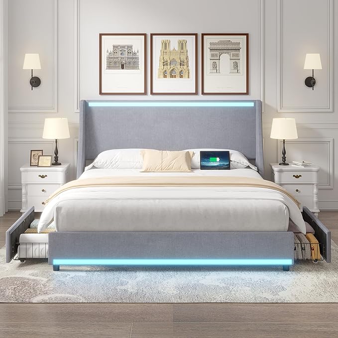 VECELO Queen Size Bed Frame with Storage Drawers, Upholstered Platform Bedframe with Wingback Headboard, No Box Spring Needed, Classic Grey