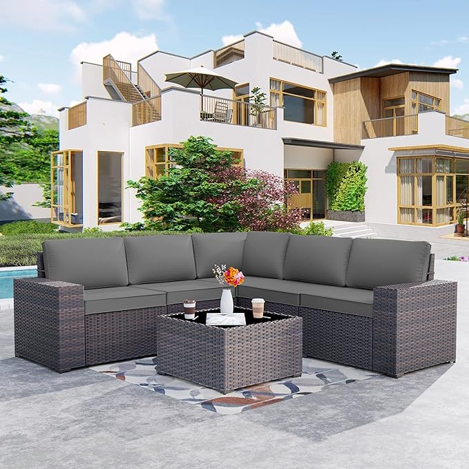 Kurapika 9 Pieces Patio Furniture Set, Rattan Wicker Sofa Set, Outdoor Conversation Sets w/Swivel Rocking Chairs Patio Sectional Sofa w/4 Inch Cushion, Grey