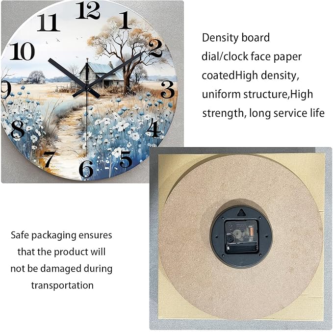 XNM Round Kitchen Wall Clocks Battery Operated 10 Inch Rustic Wall Clock Blue Flower Silent Wall Clock Wood(No Solid Wood, It is with MDF Material)