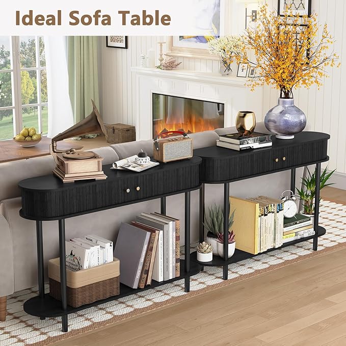 ARTPOWER Modern Entryway Table with Wood Tambour Door, Accent Behind Couch Sofa Console with Storage, Fluted Side Table for Hallway, Living Room, Foyer, Black