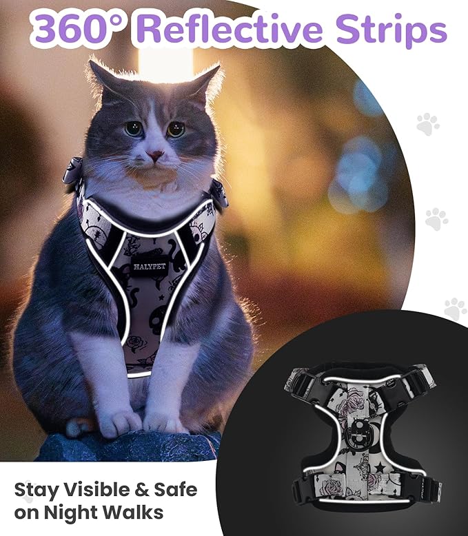 Halypet Cat Harness and Leash Set for Walking, Escape Proof Adjustable Vest Harness with 3-in-1 Integrated Buckles, Easy Control Soft Breathable Mesh with Reflective Strips for Cats, M, Moonlight Meow