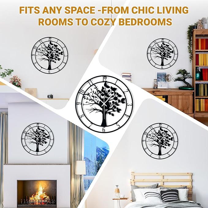 16inch/40cm Tree of Life Large Wall Clocks for Living Room Decor,Bedroom,Battery Operated,Metal,Decorative Analog,Silent,Non Ticking Big Wall Clock(Tree of Life, 16 inches)