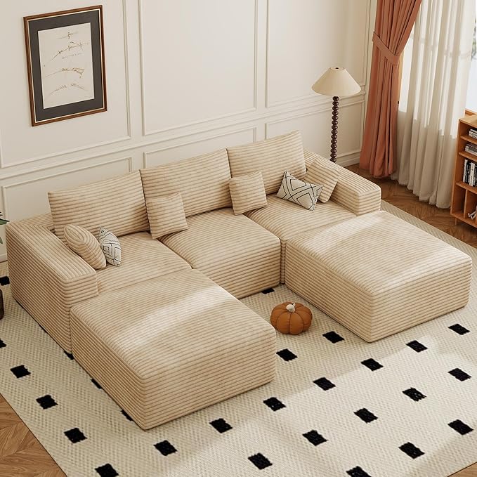 113" Modular Sectional Sofa, Convertible U-Shaped Cloud Couches for Living Room with Ottoman, 5 Seater Corduroy Boneless Couch Sofa Set, No Assembly Required, Khaki 1 PCS