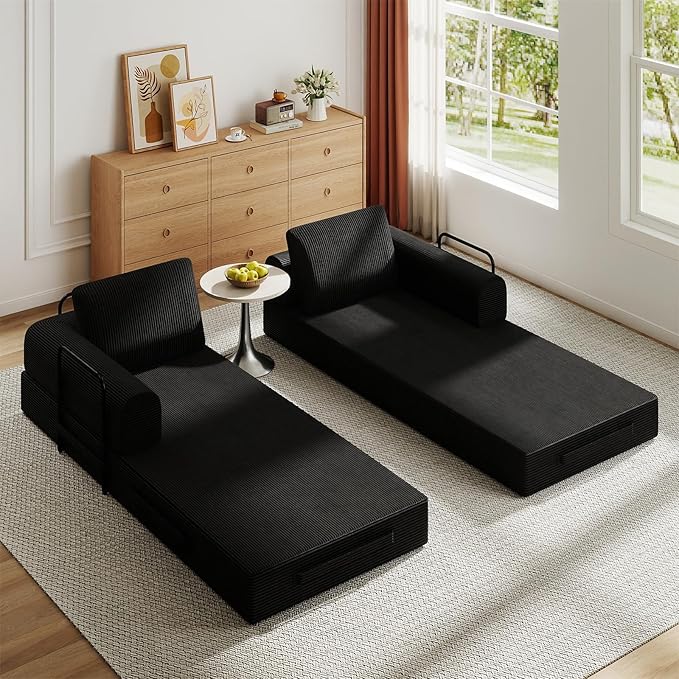 Antetek Convertible Sofa Bed, Comfy Corduroy Fluffy Love seat Sleeper Sofa, 5 in 1 Folding Couch Bed, Fold Out Floor Couch with Pillows for Bedroom, Living Room, Office, Pinstripe, Black