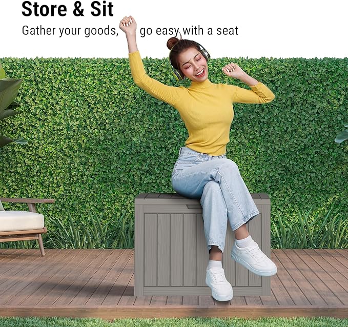 45 Gallon Outdoor Storage Box, Waterproof Deck Box with Build-in Handles and Lockable Lid, Outside Storage Box for Backyard Garden Tools, Patio Cushions, Package Delivery Box, Grey