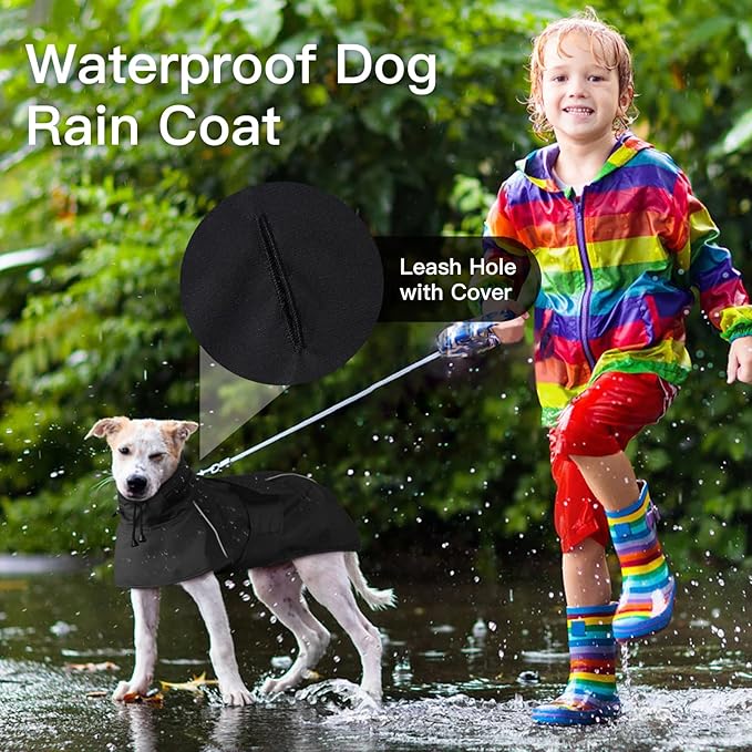 Waterproof Windproof Dog Raincoat with Full Body Coverage, Reflective Adjustable Hooded Jacket, Easy on Lightweight Dog Rain Coat for Large Dogs Poncho Breathable (Black, XXXXL)
