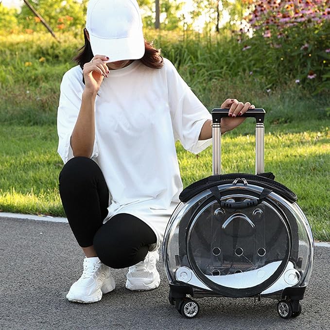 Pet Trolley Case with Ventilation Holes, Pet Carrier,Rolling Carrier,Clear Window Trolley Case,Strollers for Small Dogs,Cat Carrier with Silent Wheels Telescopic for Travel Black