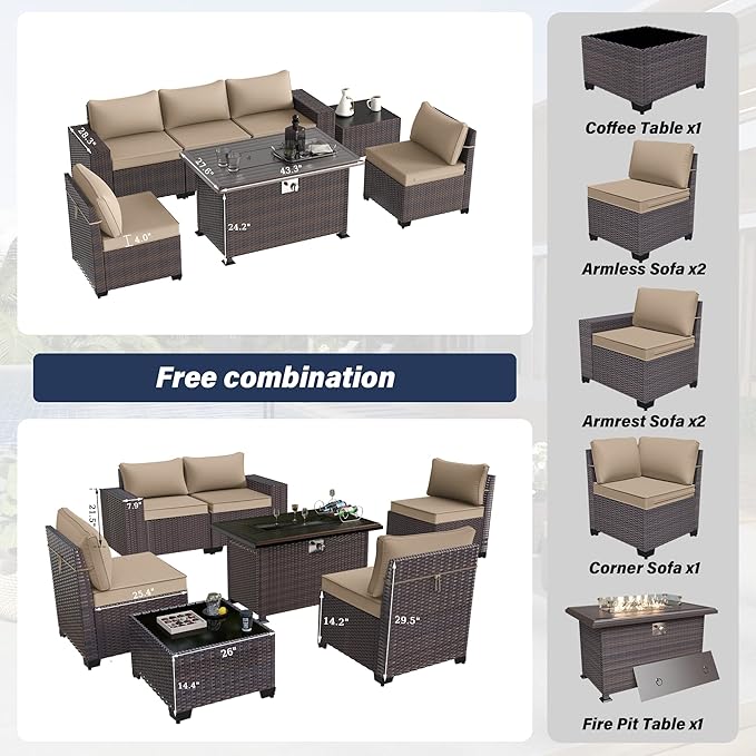 Kurapika 7 Pieces Patio Furniture Set, Rattan Outdoor Conversation Sets w/43in Propane Fire Pit Table and 4 Inch Cushion(Sand)