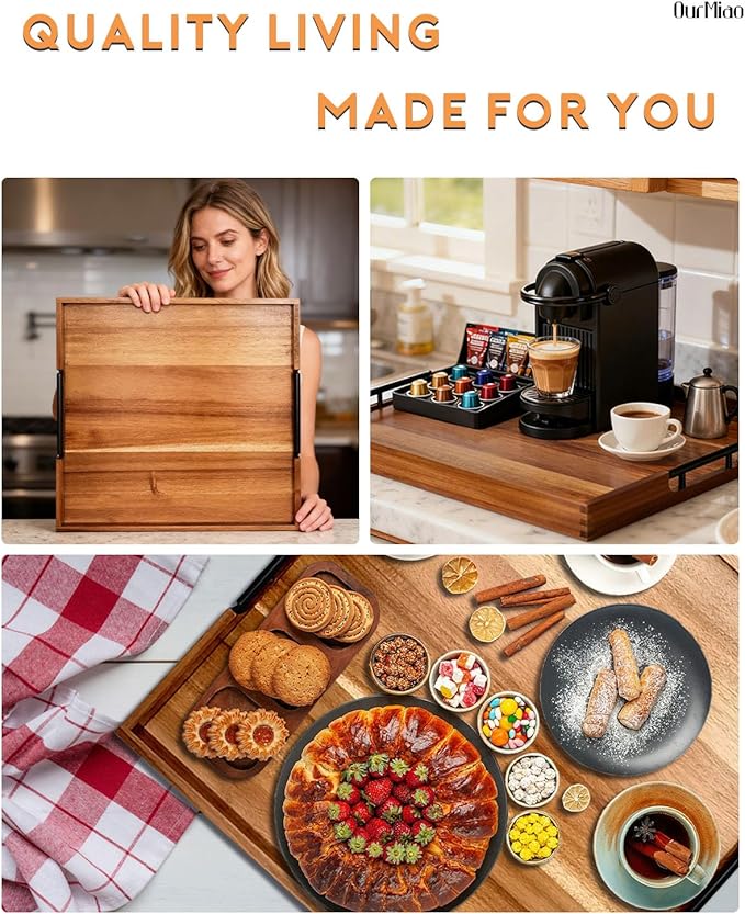 22 Inch Square Acacia Wood Ottoman Tray, Extra Large Wooden Serving Tray with Metal Handles – Spacious & Durable for Living Room, Coffee Table, Kitchen, Food Serving & Hosting