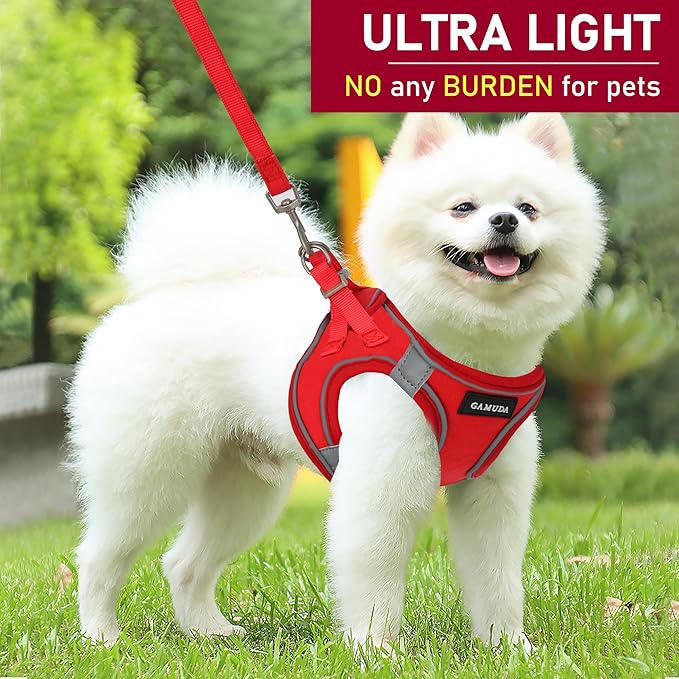 GAMUDA Small Pet Harness Collar and Leash Set, Step in No Chock No Pull Linen Fabric Soft Mesh Dog Vest Harnesses Reflective for Dogs Puppy Cats Kitten Rabbit (Red, L)