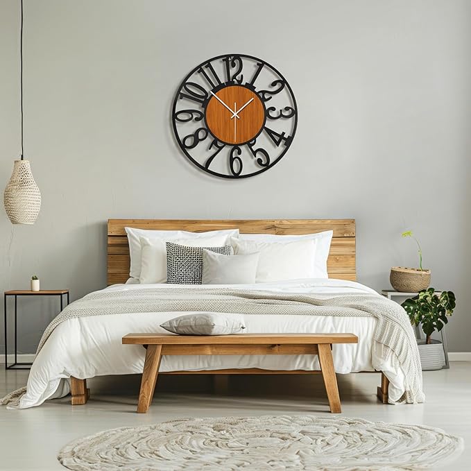 Maxstar Large Round Wall Clock for Living Room Decor Battery Operated Non Ticking Black Metal Wood Clocks for Home Living Room Garden Office Kitchen Decoration -32 inch