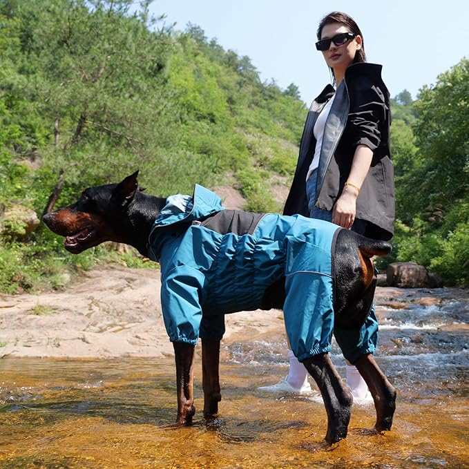 LOVELONGLONG Waterproof Dog Raincoat with Removable Hood – Outdoor Full Body Dog Jacket, Windproof Snowproof Shell Suit – All Season Pet Rain Gear Ocean Teal L