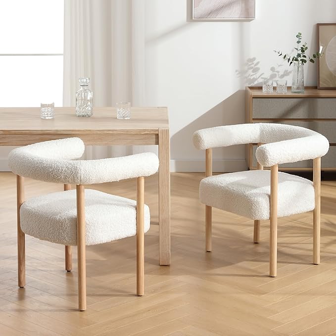 White Boucle Dining Chairs Set of 6, Modern Upholstered Dining Chairs, Curved Backrest Kitchen Dining Room Chairs Accent Chairs Arm Chairs with Natural Wood Legs