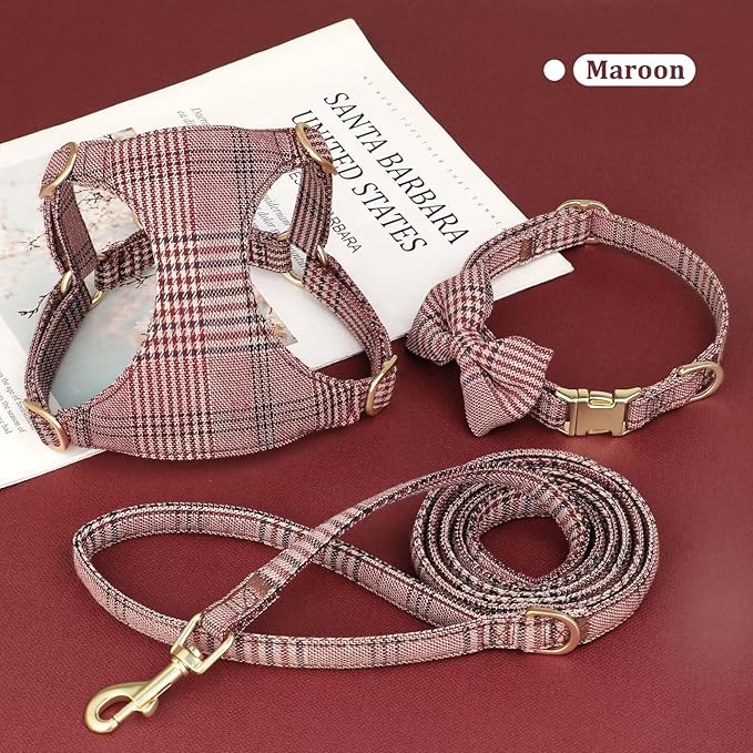 Beirui Cute Extra Small Dog Harness Collar and Leash Set with Bowtie, Soft Adjustable Plaid Puppy Harness for Small Sized Dogs Cats Walks Parties and Photoshoots(Maroon,XXS:Chest 12-14")