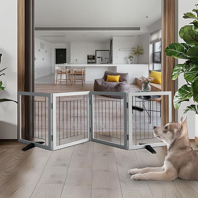 ZJSF Freestanding Dog Gate Indoor, Foldable Dog Fence for Doorways,Hallways or Stairs, Sturdy Wood Extra Wide Pet Gate with Support Feet,Grey,24 "Height-4 Panels