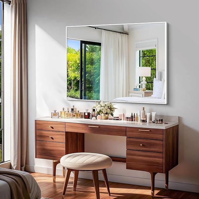 BONEWEI White Bathroom Mirror,36x48 inch Wall Mirror for Bathroom Wall Mounted,Large Rectangle Mirror for Bathroom Over Sink,Modern Metal Frame for Living Room,Bedroom Entryway,Horizontal/Vertical