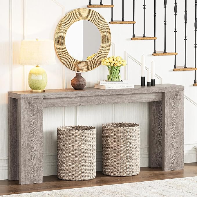 70.9 Inch Extra Long Console Table, Farmhouse Entryway Table with Thickened Base, Wood Sofa Table Behind Couch Table, Narrow Entry Way Accent Table for Living Room, Hallway, Entrance, Foyer, Grey