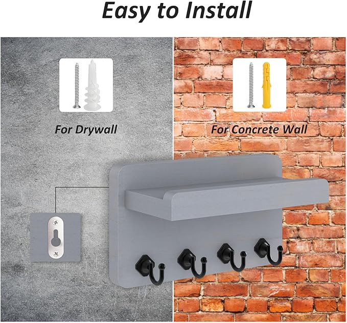 Nekon Key Holder Wall Mount, 8.5 Inch Small Home Decor Wooden Wall Organizer with 4 Hooks and Shelf, Key and Mail Holder for Living Room Entryway Kitchen (Gray)