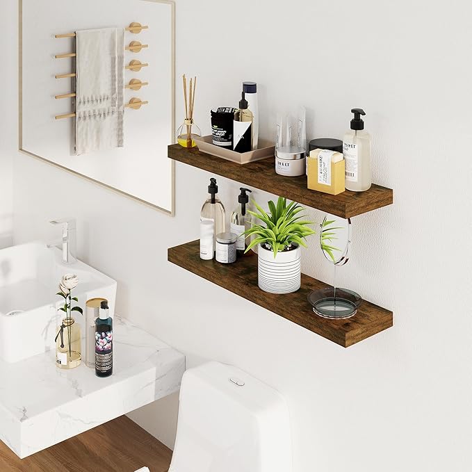 Fun Memories Floating Shelves for Wall, 32Inch Floating Shelves Set of 2, Hanging Shelf with Invisible Brackets, Wood Shelves for Living Room, Bedroom, Kitchen, Brown