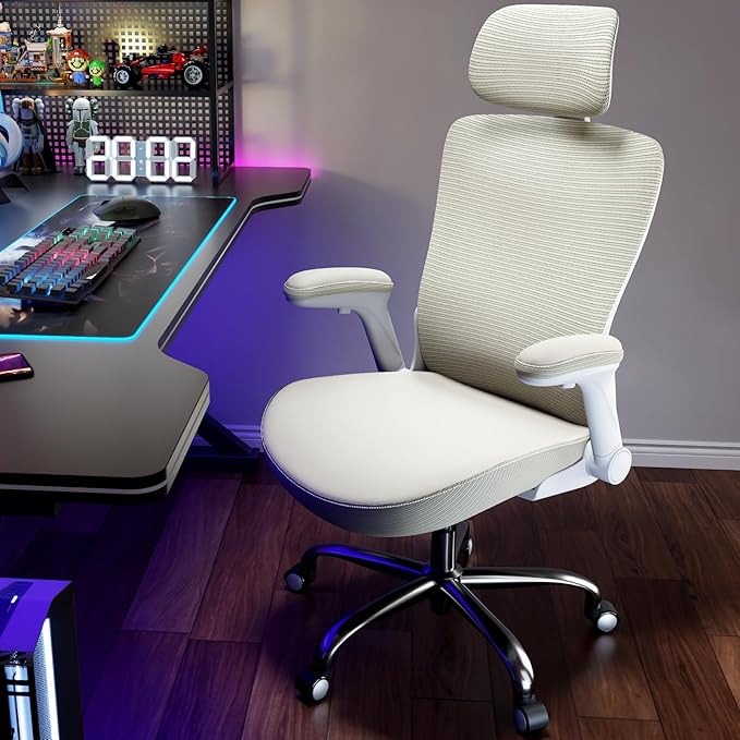 Office Home Ergonomic Desk Chair-Computer X-Shaped Chair Mesh PU Leather with Adjustable Lumbar Support-Executive Chair High Back with Headrest Flip-Up Arms for Long Hours (Beige)