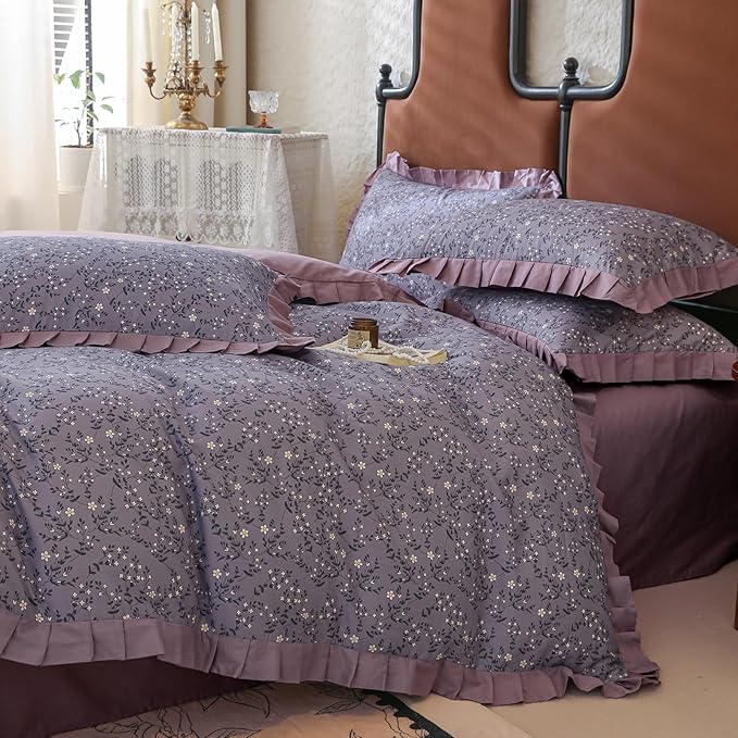 Purple Ruffle Duvet Cover Twin 3 Pieces Cute Daisy Flower Duvet Cover Girls Cottagecore Bedding Set Twin 100% Cotton Romantic Lace Comforter Cover Aesthetic Floral Bedding Cover with Zipper Closure