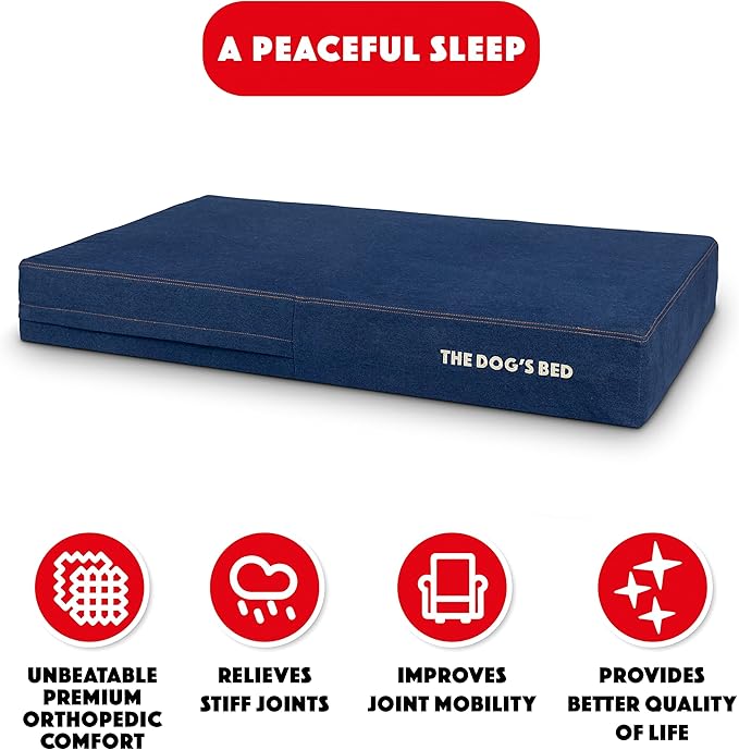 The Dog’s Bed Orthopedic Memory Foam Dog Bed, XL Blue Denim 46x28, Pain Relief for Arthritis, Hip & Elbow Dysplasia, Post Surgery, Lameness, Supportive, Calming, Waterproof Washable Cover