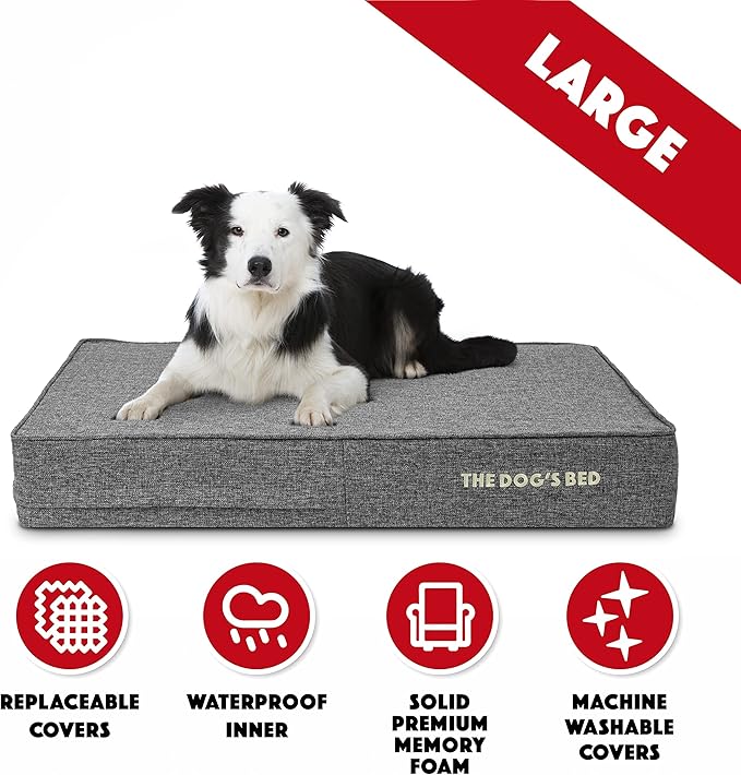 The Dog’s Bed Orthopedic Memory Foam Dog Bed, Large Grey Linen 40x25, Pain Relief for Arthritis, Hip & Elbow Dysplasia, Post Surgery, Lameness, Supportive, Calming, Waterproof Washable Cover