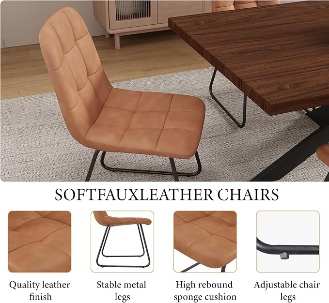 ZckyCine Modern 7-Piece Dining Table Set, 51''-67'' Extendable Walnut Wood Rectangular Table with Metal Legs and 6 PU Leather Chairs, Kitchen & Dining Room Furniture for 6, Easy Assembly