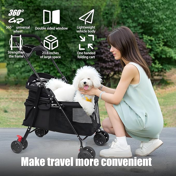 Pet Stroller, Dog Stroller for Small and Medium Dogs Cats with 360° Wheels, Folding Puppy Strollers with Dual Brake, Large Storage Basket, Breathable Mesh, Cup Holder, Removable Top (Navy Blue)