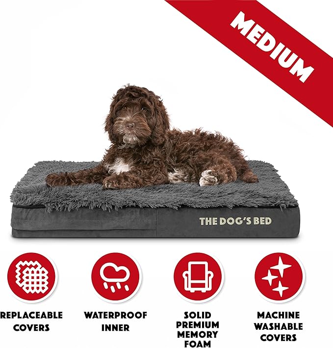 The Dog’s Bed Orthopedic Memory Foam Dog Bed, Medium Grey Fur, Pain Relief for Arthritis, Hip & Elbow Dysplasia, Post Surgery, Lameness, Supportive, Calming, Waterproof Washable Cover