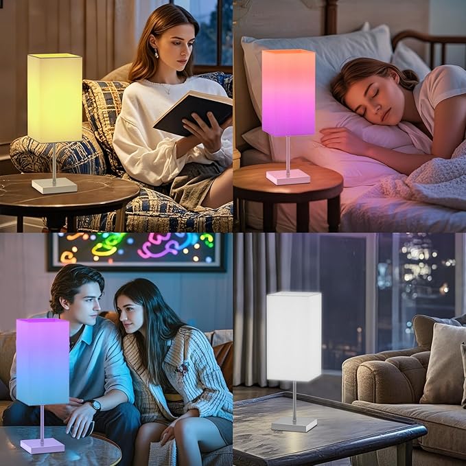 Smart Bedside Table Lamp for Bedroom, Modern Bedroom Lamps for Nightstand Decoration, 72 LED Colorful Bulb with APP Control & Music Sync & Timer, Desk Light for Home Office Living Room (Nickel Square)