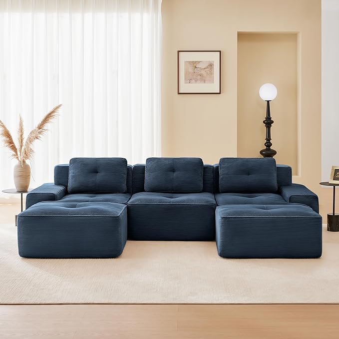 115.3'' Sectional Sofa, 32D Foam Corduroy Boneless Couch with Pillow, Deep Seat Wide Arm Sectional U Shaped Couch for Living Room, Apartment, Bedroom