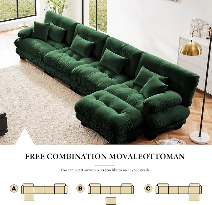 173.2" Oversized Couch, 4 Seater Modular Sectional Sofa, Green Large L Shaped Sectional Couches for Living Room, Fluffy Chenille Fabric Cloud Couch with Ottoman, Deep Seat Sofas