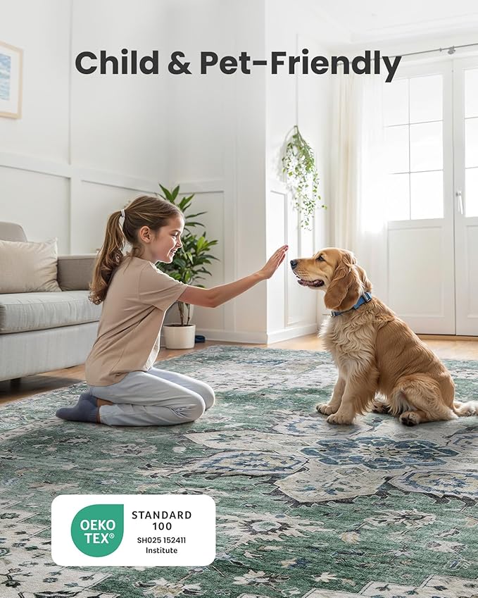 AMADA HOMEFURNISHING 9x12 Area Rug, Washable Low-Profile Large Area Rug with Non-Slip Backing & Durable Edge Binding, Vintage Large Rugs for Living Room, Bedroom