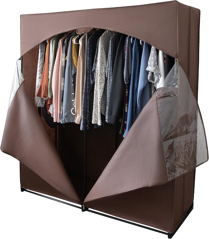 HOLDN’ STORAGE Portable Wardrobe Closet - 65 lb Large Capacity, Internal Heavy Duty Metal Rod, Zipper & Clear Window, Durable Clothes Organizer, Tool-Free Easy Assembly, Brown Canvas Cover