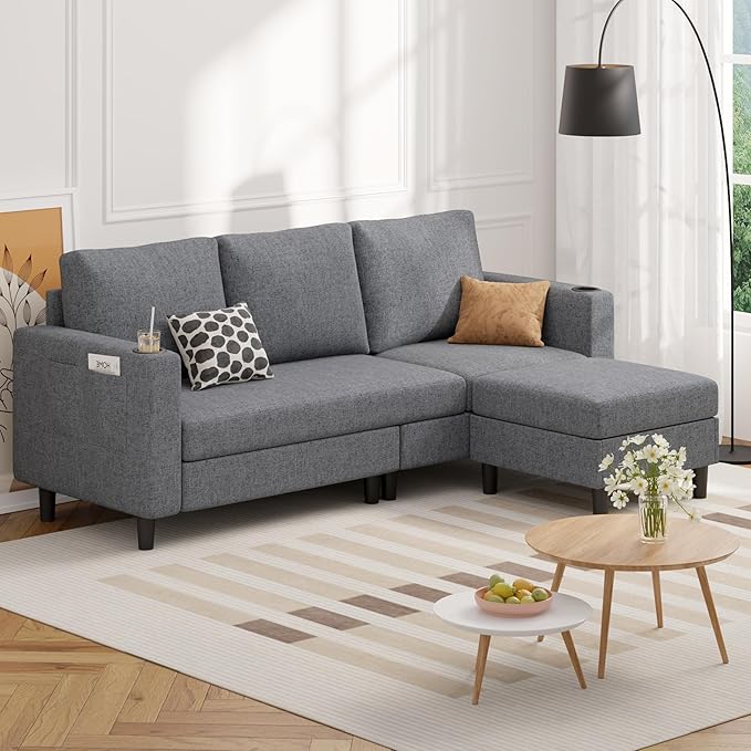 Upholstered Sectional Sofa and Couches, 78'' L Shaped 3-seat Sofa forLiving Room, Apartment, Lounge,Bedroom-Washable Covers Convertible Sofas(Linen Fabric,Dark Gary)