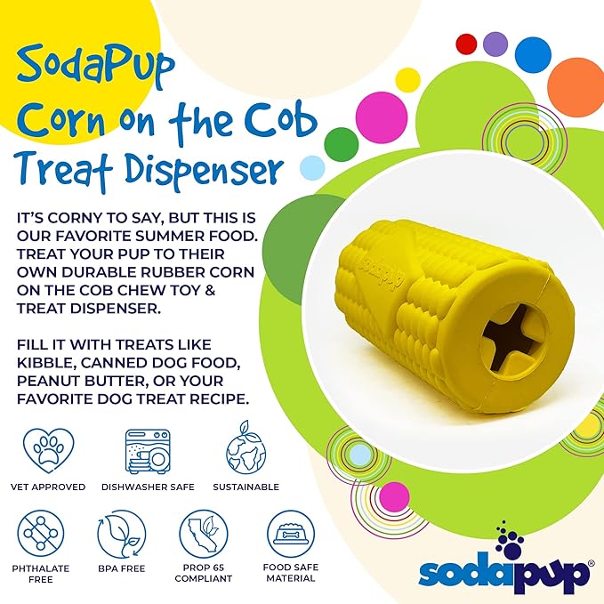 SodaPup Corn on the Cup – Durable Dog Treat Dispenser & Chew Toy Made in USA from Non-Toxic, Pet Safe, Food Safe Natural Rubber material for Mental Stimulation, Problem Chewing, Calming Nerves, & More